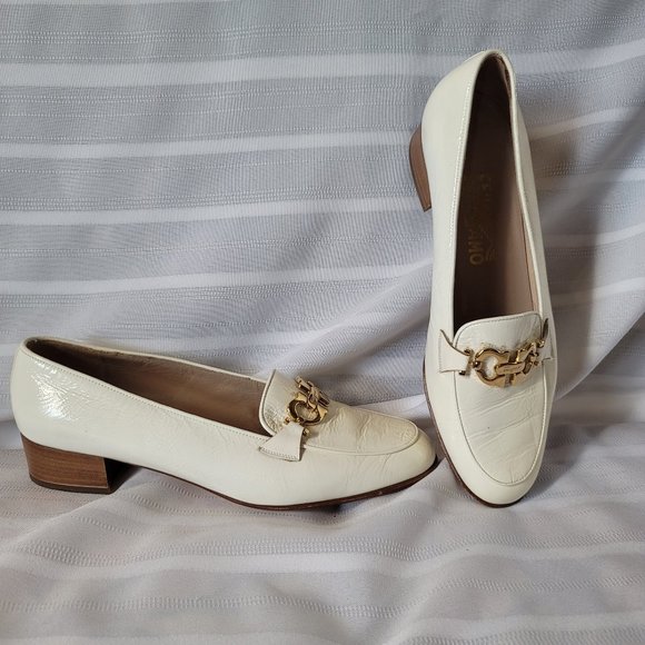 Salvatore Ferragamo Shoes - Vintage Salvatore Ferragamo Cream  Patent  Leather with Gold Vamp embellishment
